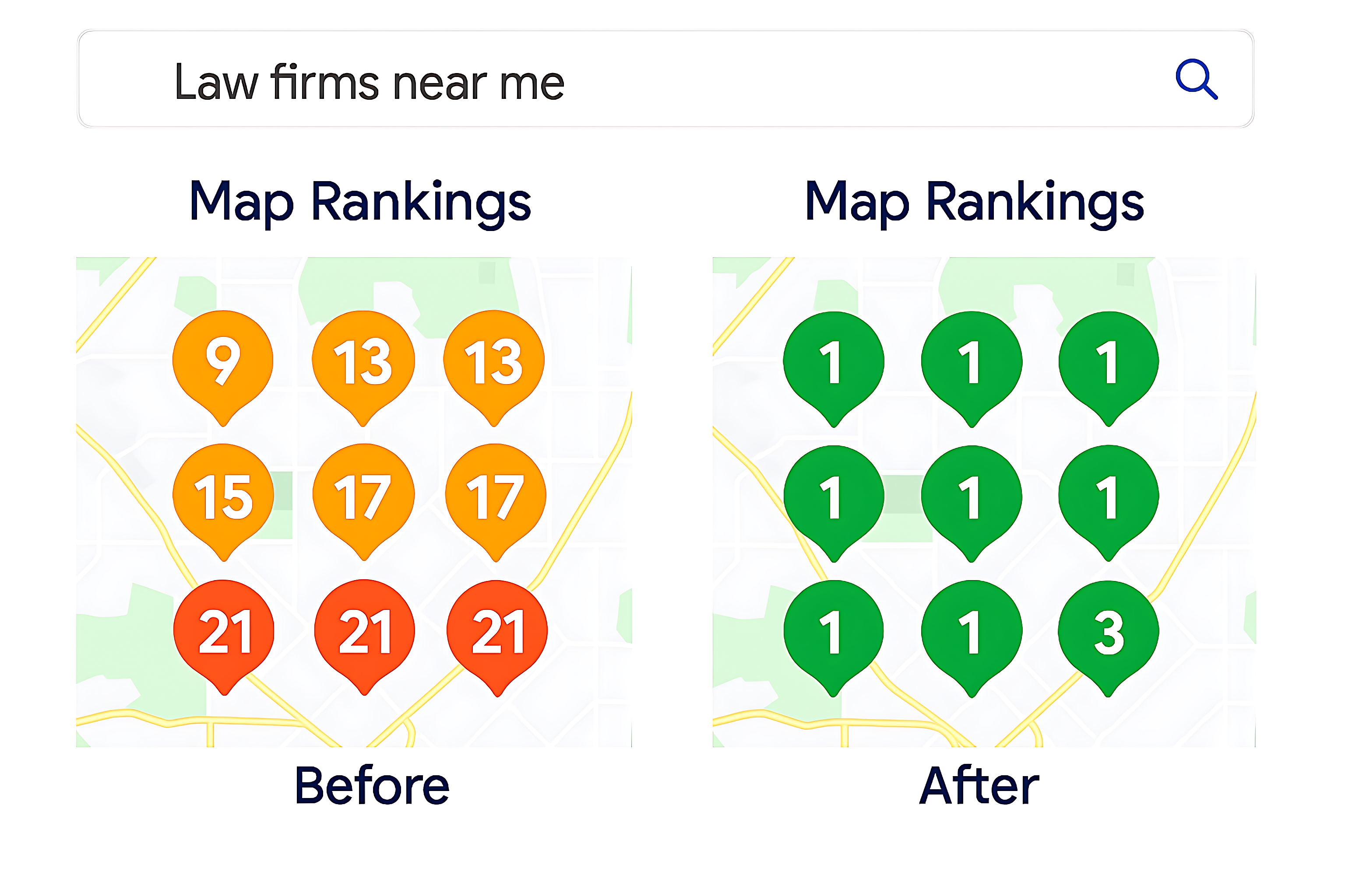 Map rankings before and after - showing improvement from positions 9-21 to positions 1-3